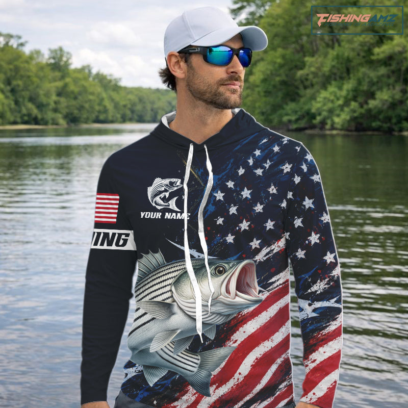 Striped Bass Fishing Shirt Long Sleeve Hooded USA Flag Camo, custom name