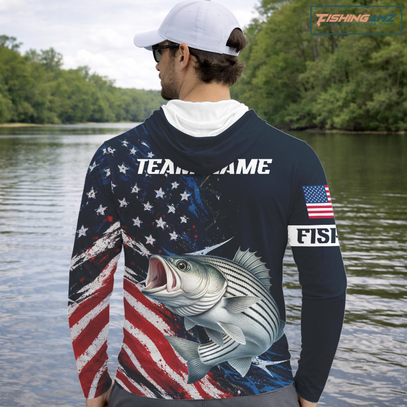 Striped Bass Fishing Shirts Long Sleeve Hooded American USA Flag Camo, Fishing Jersey For Men NHT963
