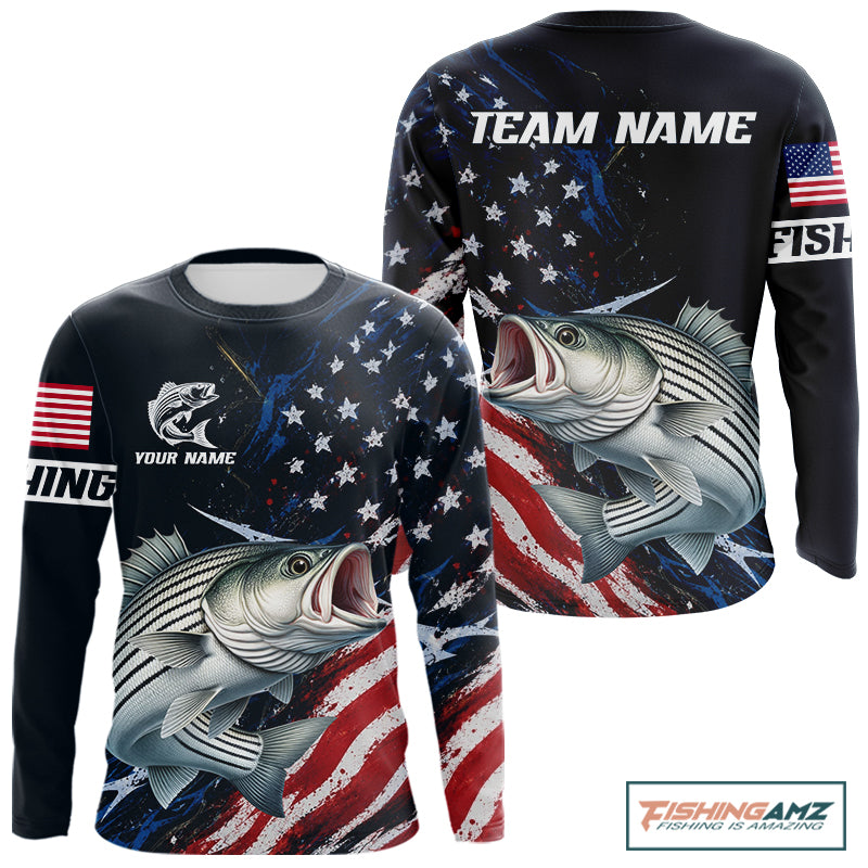 Striped Bass Fishing Shirt Long Sleeve USA Flag Camo, custom name