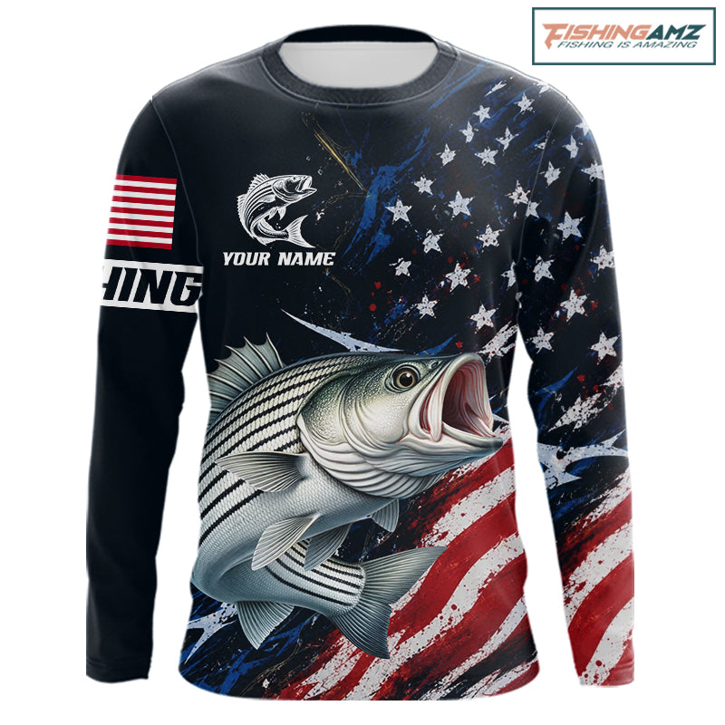 Striped Bass Fishing Shirt Long Sleeve USA Flag Camo, custom name