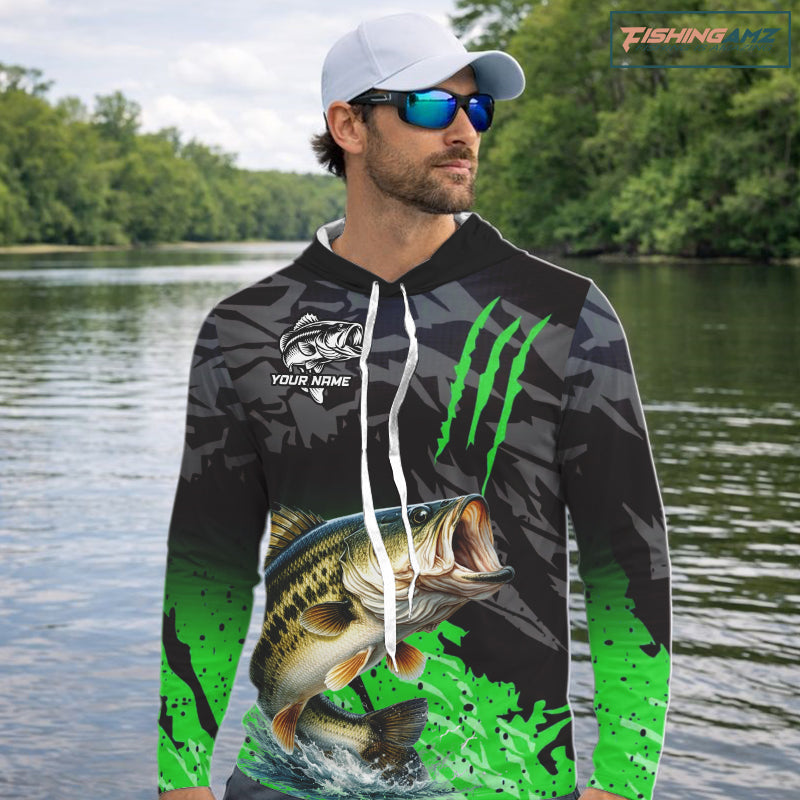 Hooded Largemouth Bass Fishing Jerseys For Men, Custom Bass Performance Fishing Apparel|Green NHT1418