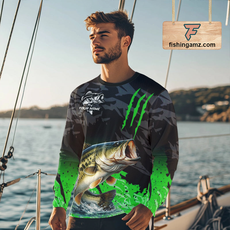 Largemouth Bass Fishing Jerseys For Men, Custom Bass Performance Fishing Apparel|Green NHT1418