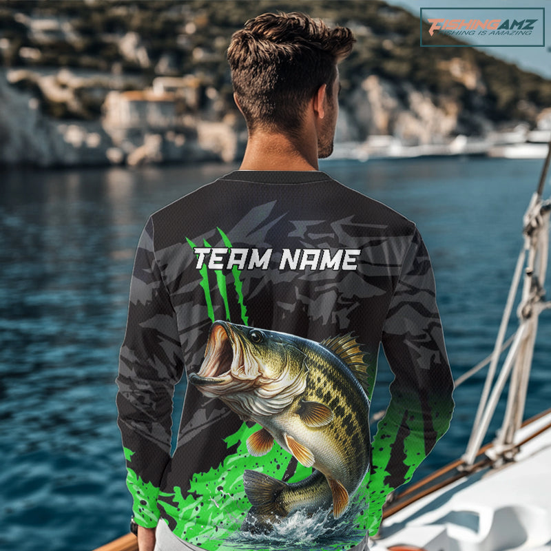 Largemouth Bass Fishing Jerseys For Men, Custom Bass Performance Fishing Apparel|Green NHT1418