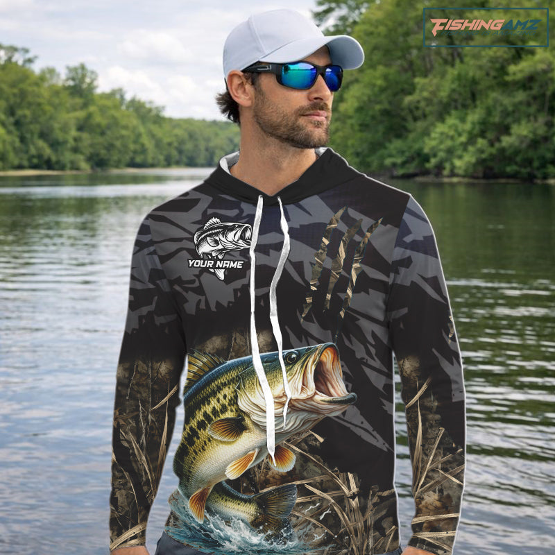 Hooded Largemouth Bass Fishing Jerseys For Men, Custom Bass Performance Fishing Apparel|Camo NHT1420