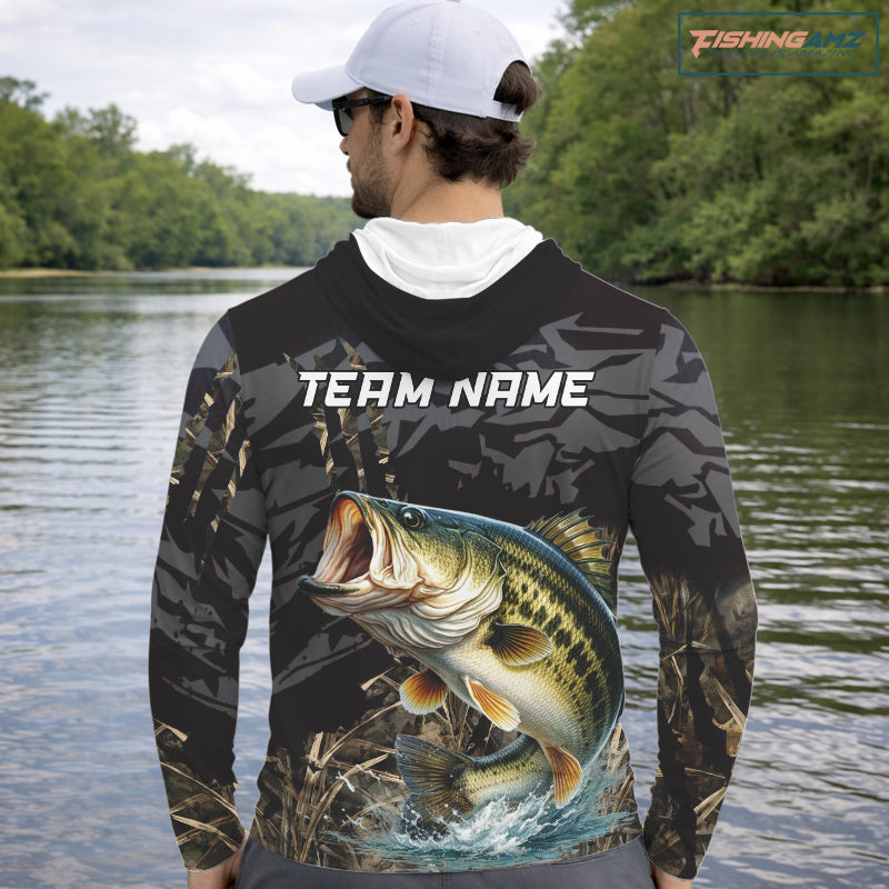 Hooded Largemouth Bass Fishing Jerseys For Men, Custom Bass Performance Fishing Apparel|Camo NHT1420