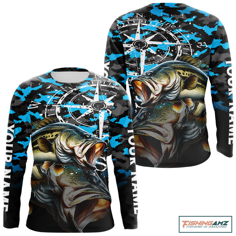 Largemouth Bass Fishing Shirt For Men, Blue Camo Compass Long Sleeve Fishing Jersey NHT1762