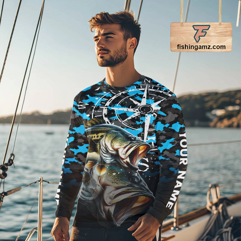 Largemouth Bass Fishing Shirt For Men, Blue Camo Compass Long Sleeve Fishing Jersey NHT1762