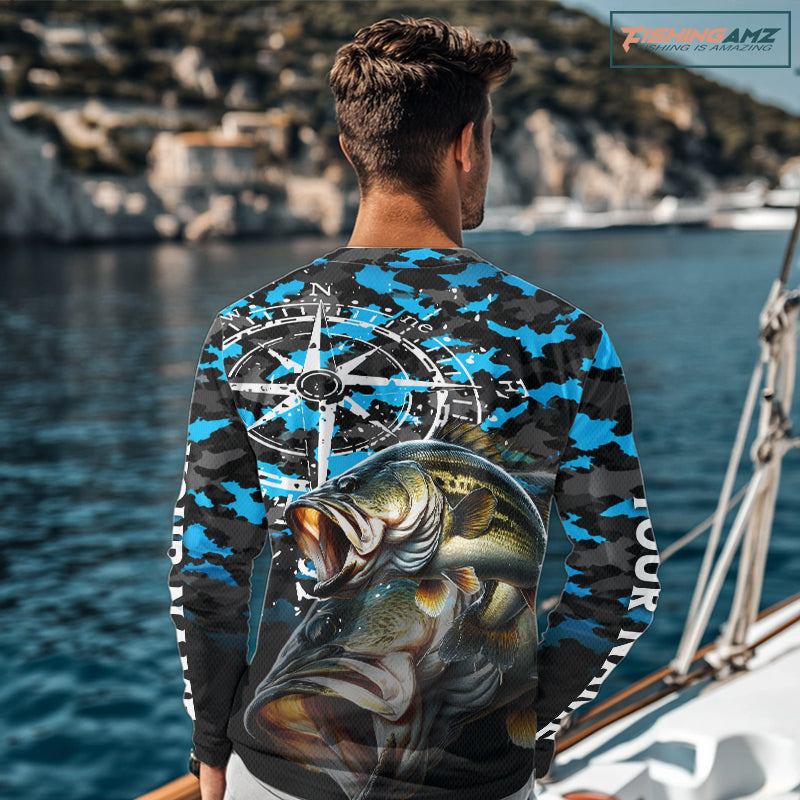 Largemouth Bass Fishing Shirt For Men, Blue Camo Compass Long Sleeve Fishing Jersey NHT1762