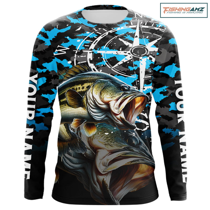 Largemouth Bass Fishing Shirt For Men, Blue Camo Compass Long Sleeve Fishing Jersey NHT1762