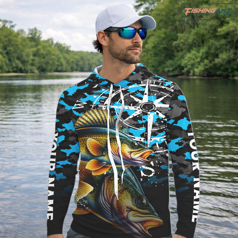 Walleye Hooded Fishing Shirt For Men, Blue Camo Compass Long Sleeve Fishing Jersey NHT1763