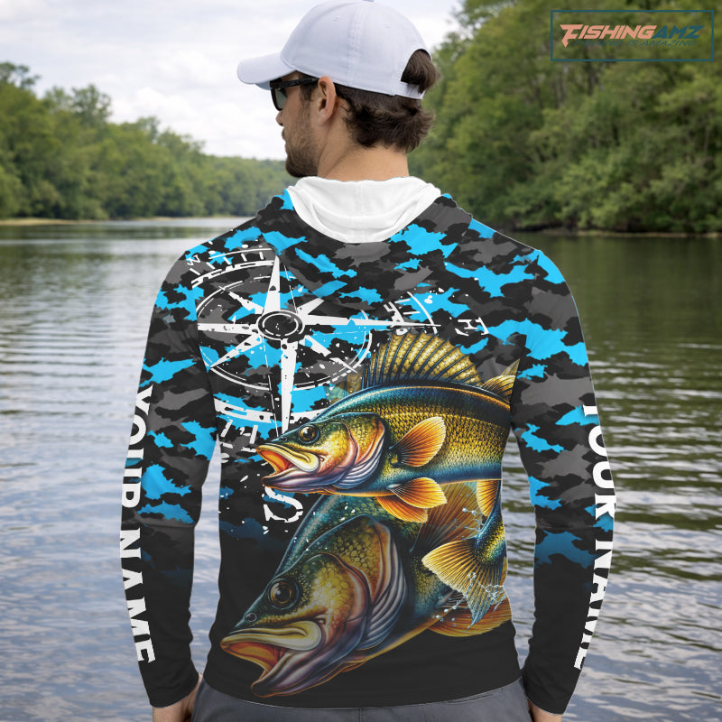 Walleye Hooded Fishing Shirt For Men, Blue Camo Compass Long Sleeve Fishing Jersey NHT1763