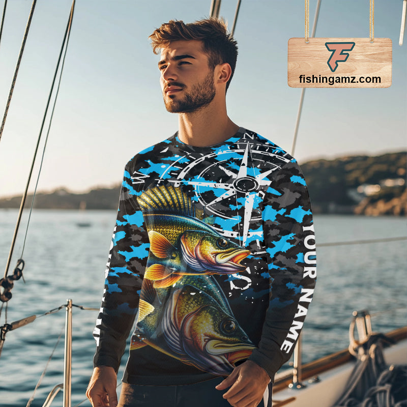 Walleye Fishing Shirt For Men, Blue Camo Compass Long Sleeve Fishing Jersey NHT1763
