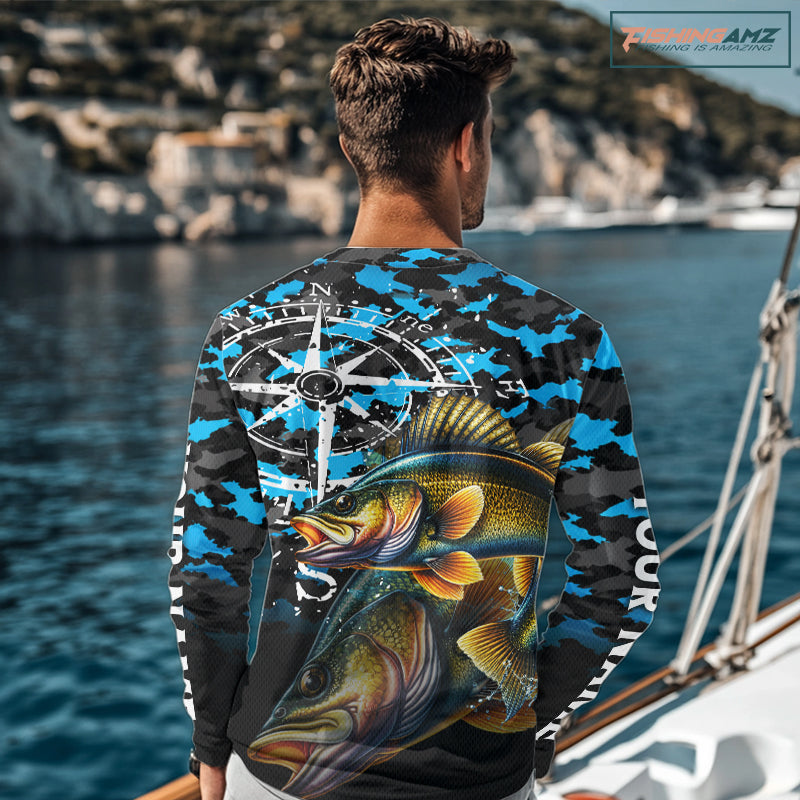 Walleye Fishing Shirt For Men, Blue Camo Compass Long Sleeve Fishing Jersey NHT1763