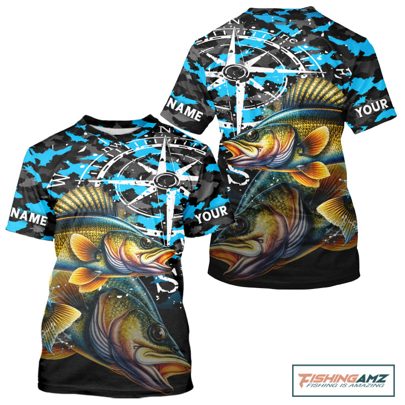 Walleye Fishing Shirt For Men, Blue Camo Compass Short Sleeve Fishing Jersey NHT1763