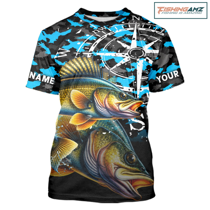 Walleye Fishing Shirt For Men, Blue Camo Compass Short Sleeve Fishing Jersey NHT1763