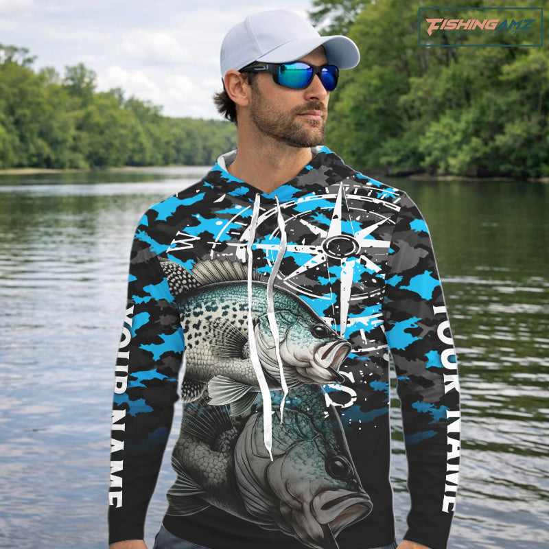 Crappie Hooded Fishing Shirt For Men, Blue Camo Compass Long Sleeve Fishing Jersey NHT1764