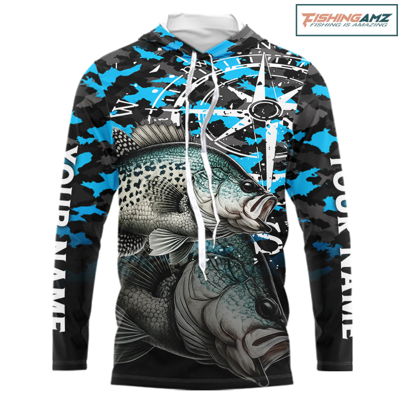 Crappie Hooded Fishing Shirt For Men, Blue Camo Compass Long Sleeve Fishing Jersey NHT1764