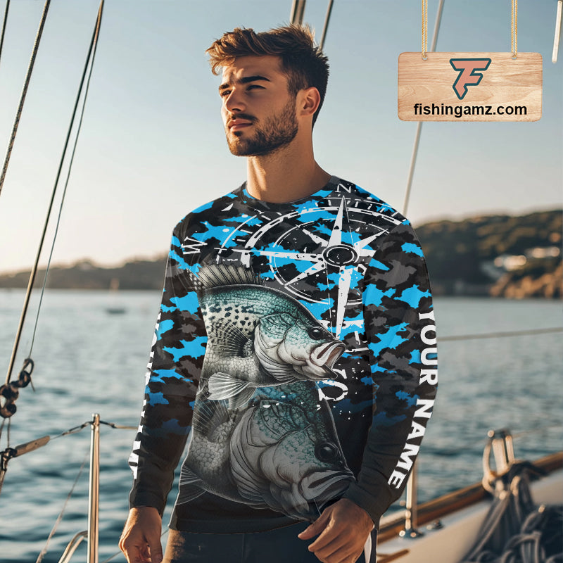 Crappie Fishing Shirt For Men, Blue Camo Compass Long Sleeve Fishing Jersey NHT1764