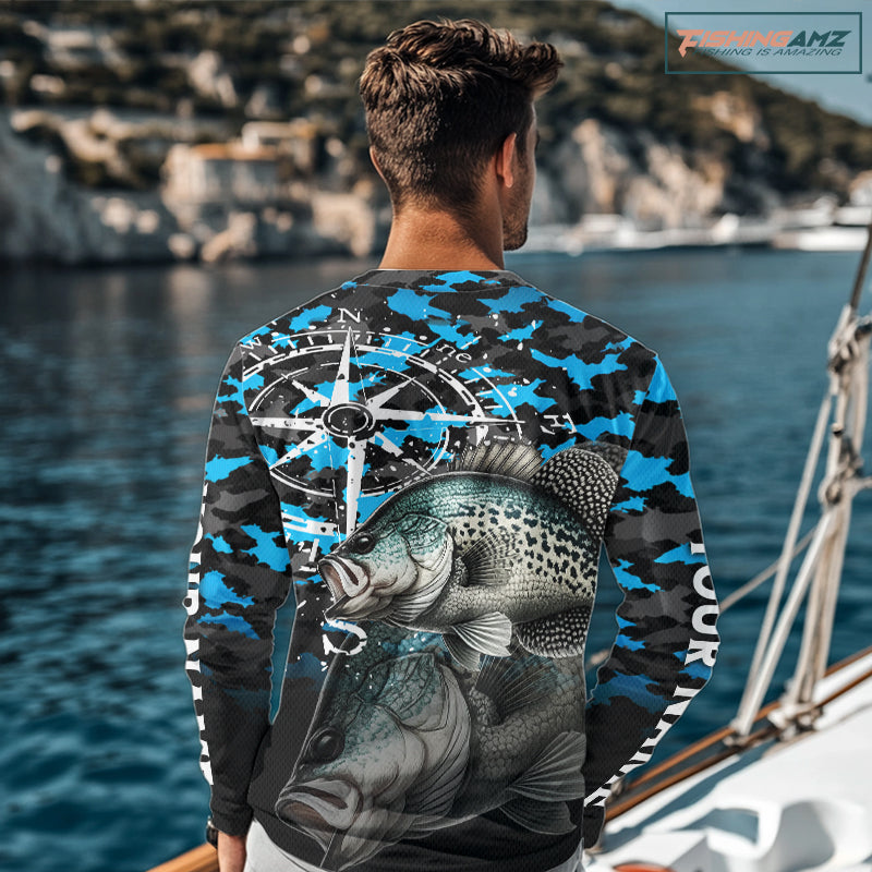 Crappie Fishing Shirt For Men, Blue Camo Compass Long Sleeve Fishing Jersey NHT1764