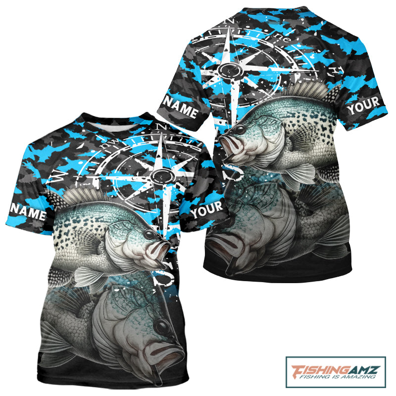 Crappie Fishing Shirt For Men, Blue Camo Compass Short Sleeve Fishing Jersey NHT1764