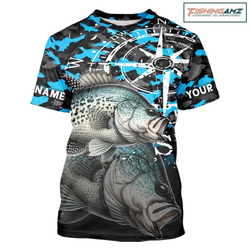 Crappie Fishing Shirt For Men, Blue Camo Compass Short Sleeve Fishing Jersey NHT1764