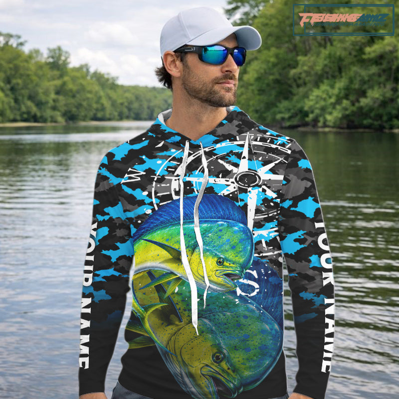 Mahi Mahi Hooded Fishing Shirt For Men, Blue Camo Compass Long Sleeve Fishing Jersey NHT1765