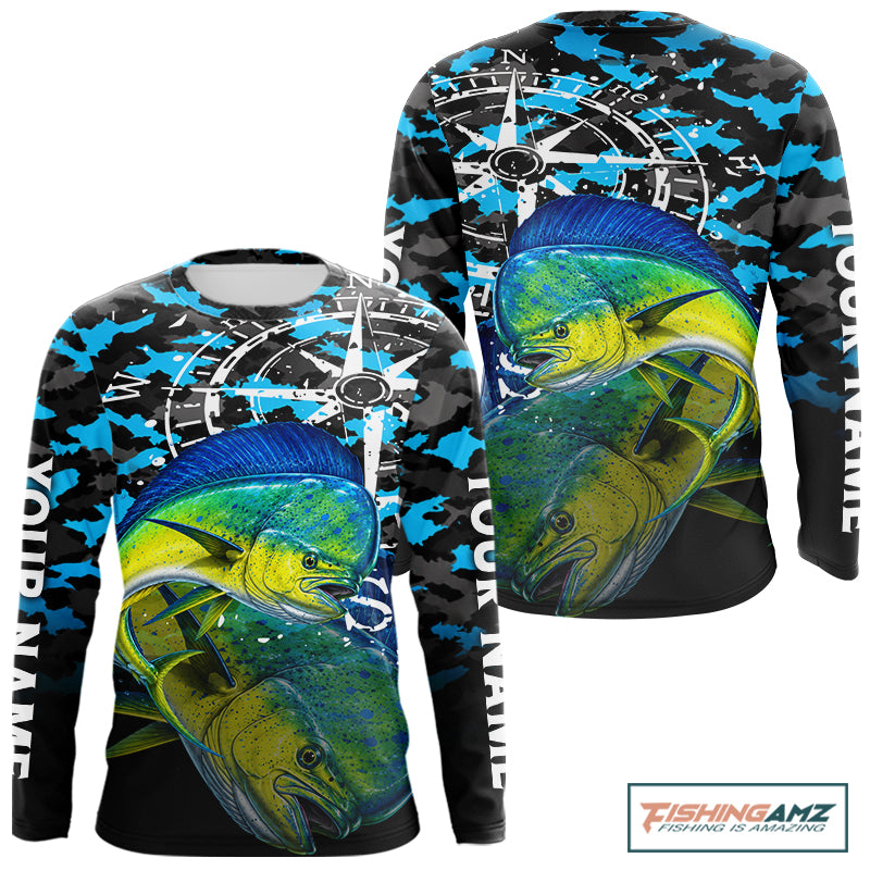 Mahi Mahi Fishing Shirt For Men, Blue Camo Compass Long Sleeve Fishing Jersey NHT1765