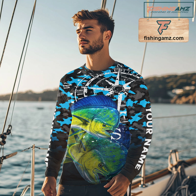 Mahi Mahi Fishing Shirt For Men, Blue Camo Compass Long Sleeve Fishing Jersey NHT1765