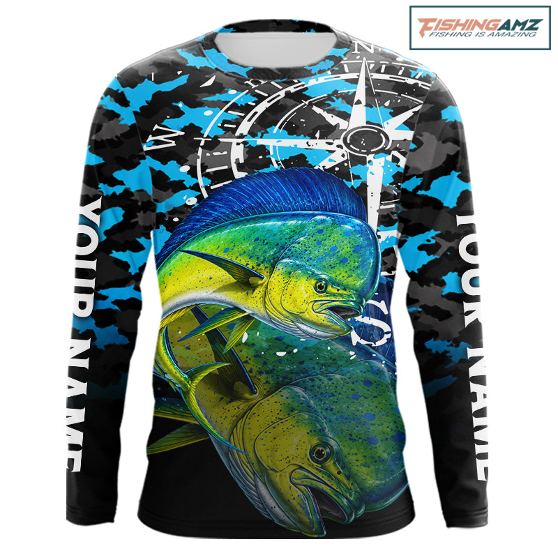 Mahi Mahi Fishing Shirt For Men, Blue Camo Compass Long Sleeve Fishing Jersey NHT1765