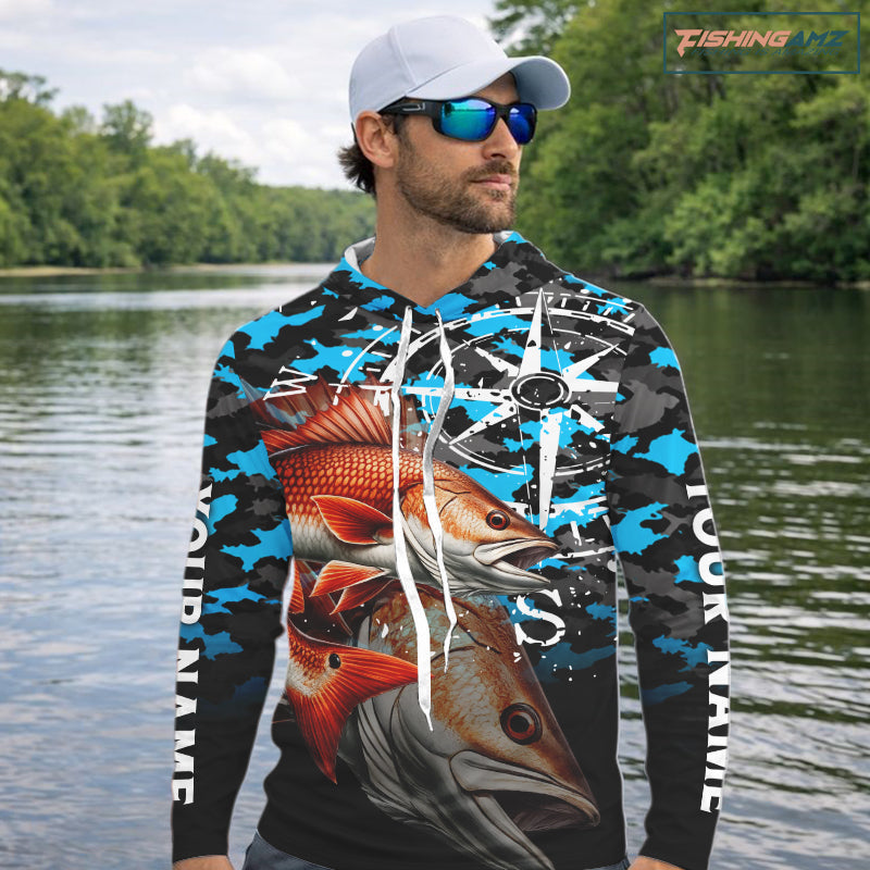 Redfish( Red Drum) Hooded Fishing Shirt For Men, Blue Camo Compass Long Sleeve Fishing Jersey NHT1766