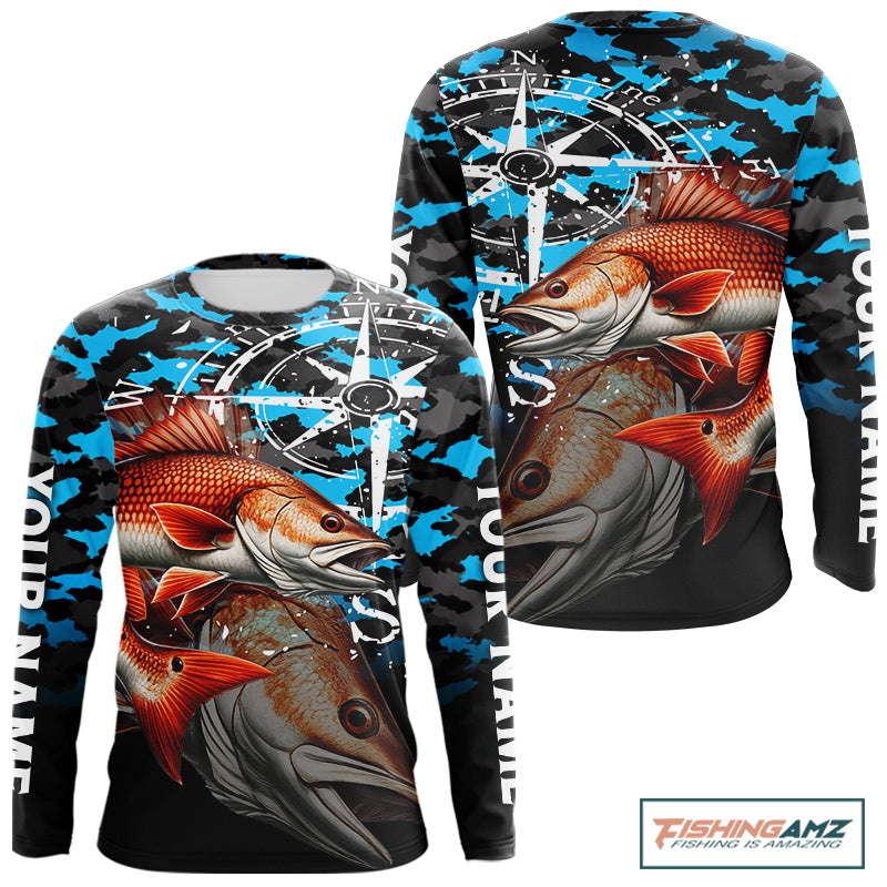 Redfish( Red Drum) Fishing Shirt For Men, Blue Camo Compass Long Sleeve Fishing Jersey NHT1766