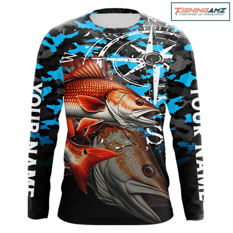 Redfish( Red Drum) Fishing Shirt For Men, Blue Camo Compass Long Sleeve Fishing Jersey NHT1766