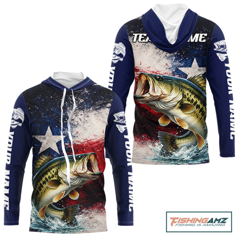 Personalized Bass Custom Texas Flag Performance Fishing Shirts, Bass Fishing Shirts Long Sleeve Hooded For Men NHT607