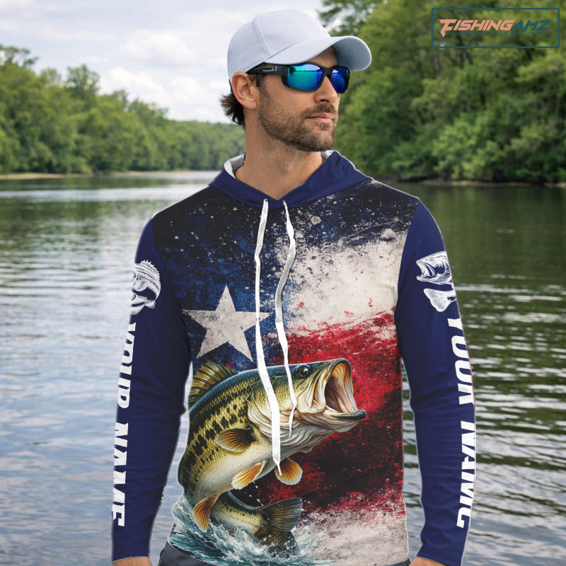 Personalized Bass Custom Texas Flag Performance Fishing Shirts, Bass Fishing Shirts Long Sleeve Hooded For Men NHT607