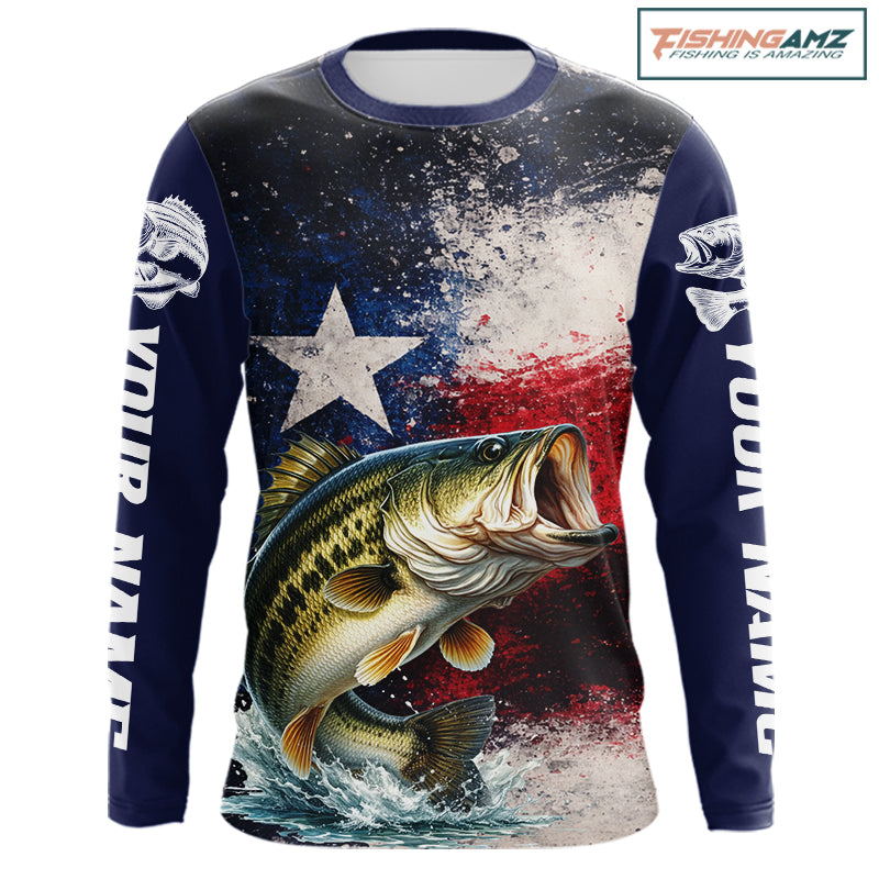 Personalized Bass Custom Texas Flag Performance Fishing Shirts, Bass Fishing Shirts Long Sleeve For Men NHT607