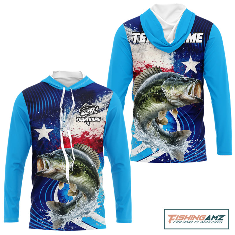 Largemouth Bass Hooded Fishing Shirts Long Sleeve Texas Flag Custom Name Team Name, Fishing Gift NHT608