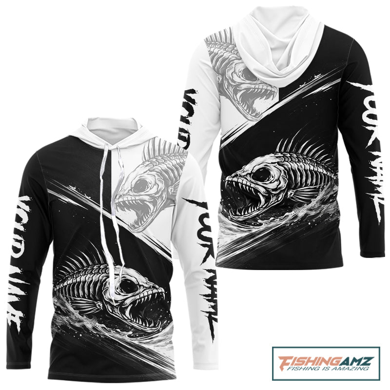 Personalized Fish Skeleton Hooded Fishing Shirts Jerseys, Fish Reaper Skull Fishing Shirts For Men NHT824