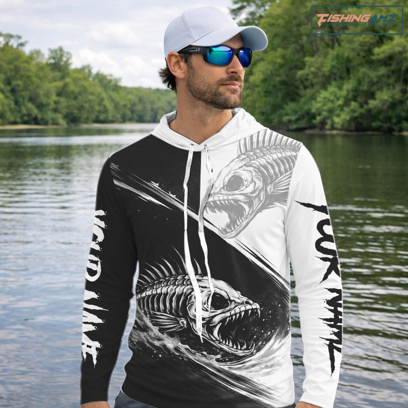 Personalized Fish Skeleton Hooded Fishing Shirts Jerseys, Fish Reaper Skull Fishing Shirts For Men NHT824