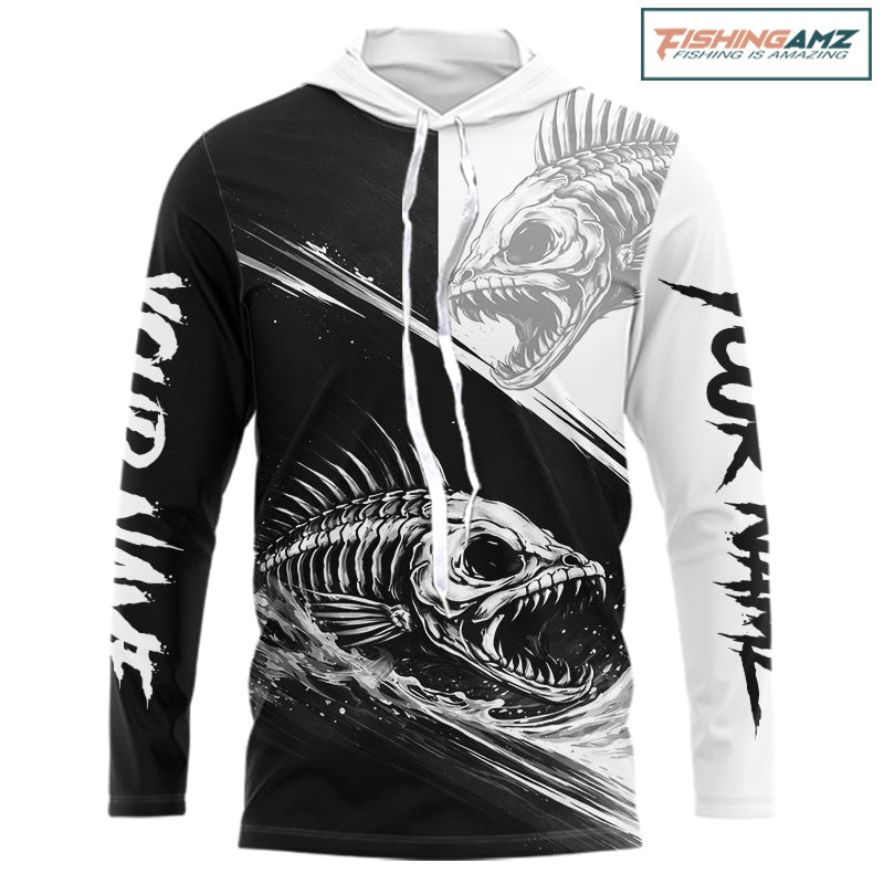 Personalized Fish Skeleton Hooded Fishing Shirts Jerseys, Fish Reaper Skull Fishing Shirts For Men NHT824
