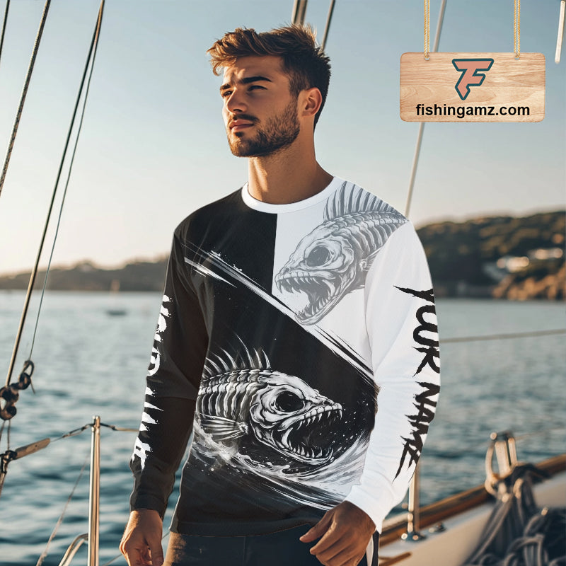 Personalized Fish Skeleton Fishing Shirts Jerseys, Fish Reaper Skull Fishing Shirts For Men NHT824