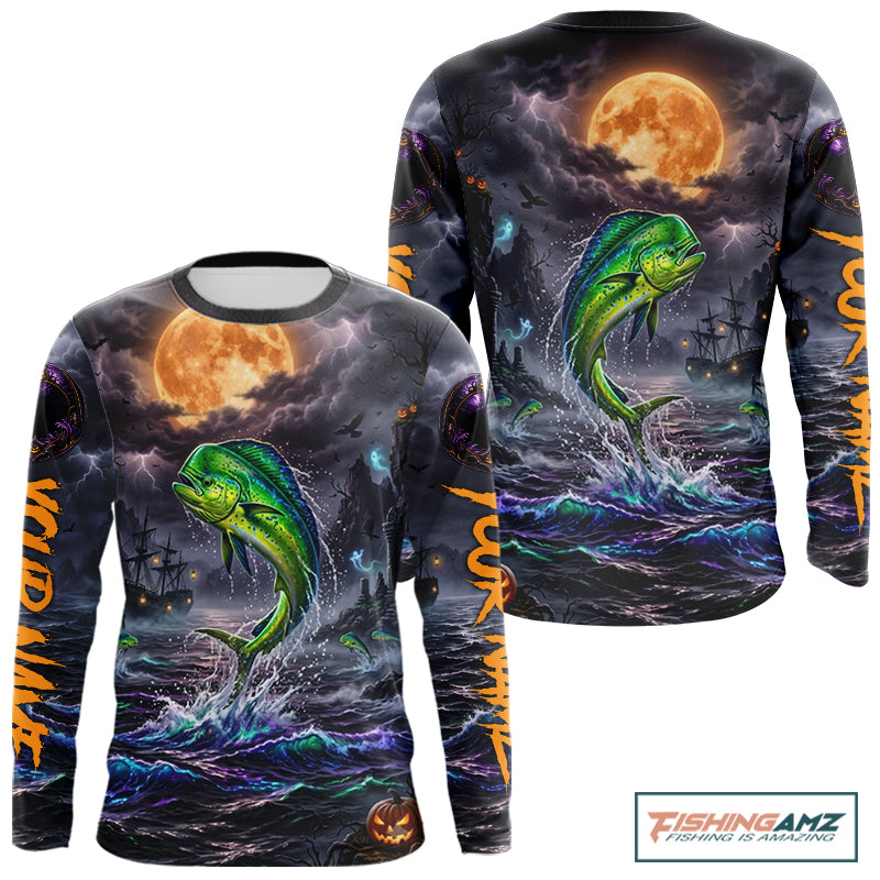 A long-sleeve crewneck shirt shown from both front and back, featuring an all-over Halloween-themed graphic print with a green jumping fish, dark stormy sky, orange full moon, ships, and orange vertical text on the sleeves.