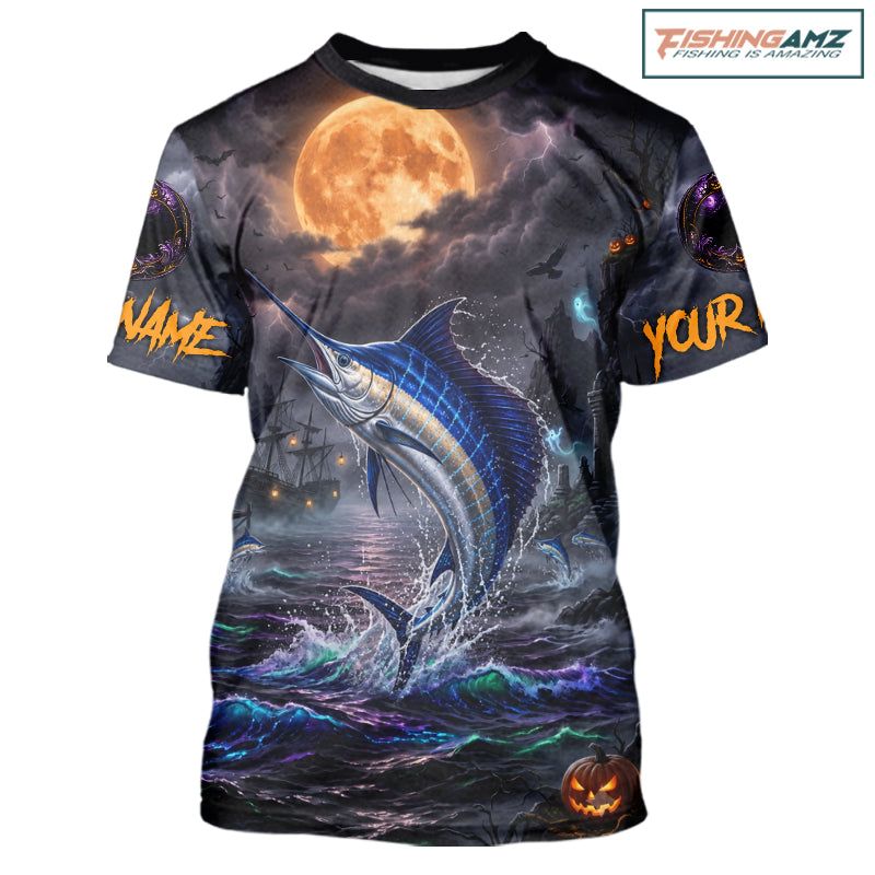 A custom short-sleeve t-shirt with an all-over Halloween-themed graphic print. The design features a large blue marlin jumping out of dark, churning ocean waves under a glowing orange full moon, with customizable text placeholders 'NAME' and 'YOUR' on the sleeves