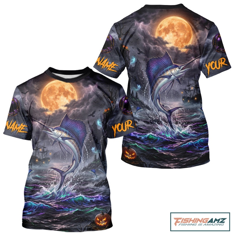 A short-sleeve crewneck t-shirt featuring a full-bleed Halloween graphic print. The design depicts a large marlin jumping from dark, choppy waters under a glowing orange full moon, with a ghost ship in the background and customizable text placeholders 'NAME' and 'YOUR' on the sleeves, along with a jack-o'-lantern at the bottom right.