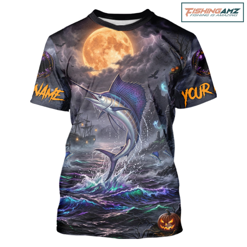 A short-sleeve crewneck t-shirt featuring a full-bleed Halloween graphic print. The design depicts a large marlin jumping from dark, choppy waters under a glowing orange full moon, with a ghost ship in the background and customizable text placeholders 'NAME' and 'YOUR' on the sleeves, along with a jack-o'-lantern at the bottom right.