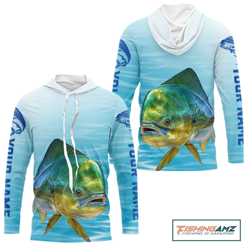 Hooded Mahi Mahi Ocean Blue Performance Fishing Shirt, Mahi Mahi Tournament Fishing Shirts NHT615