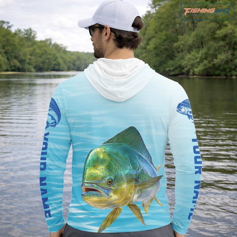 Hooded Mahi Mahi Ocean Blue Performance Fishing Shirt, Mahi Mahi Tournament Fishing Shirts NHT615