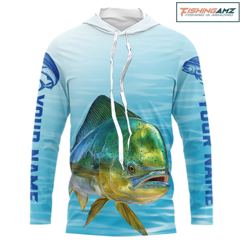 Hooded Mahi Mahi Ocean Blue Performance Fishing Shirt, Mahi Mahi Tournament Fishing Shirts NHT615