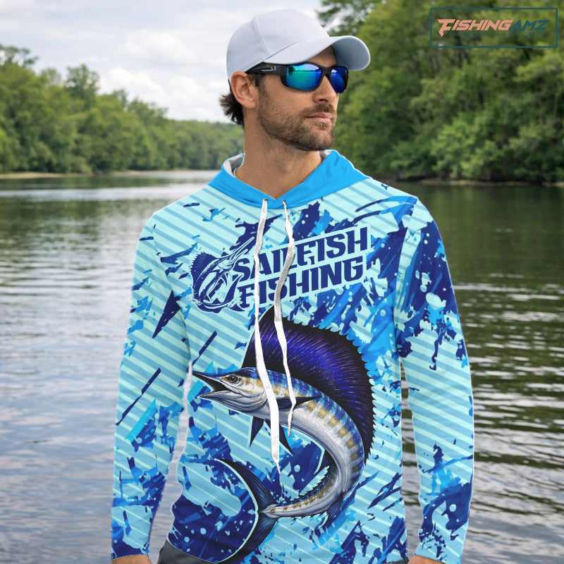 Custom Sailfish Saltwater Fishing Jerseys, Sailfish Hooded Fishing Shirts Long Sleeve For Men NHT617
