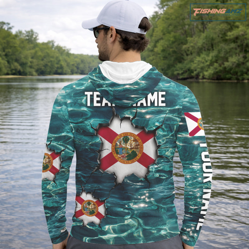 Florida Flag Fish Water Camo Custom Long Sleeve Hooded Fishing Shirts, Performance Fishing Shirts For Men NHT847