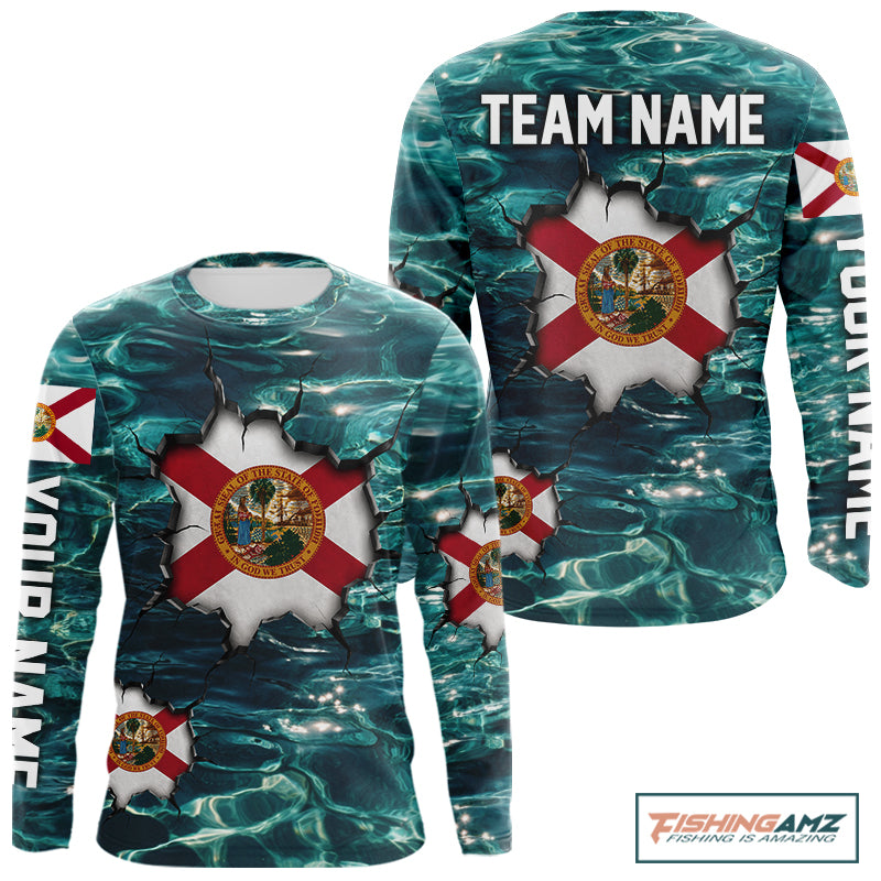 Florida Flag Fish Water Camo Custom Long Sleeve Fishing Shirt | Performance Fishing Shirt For Men
